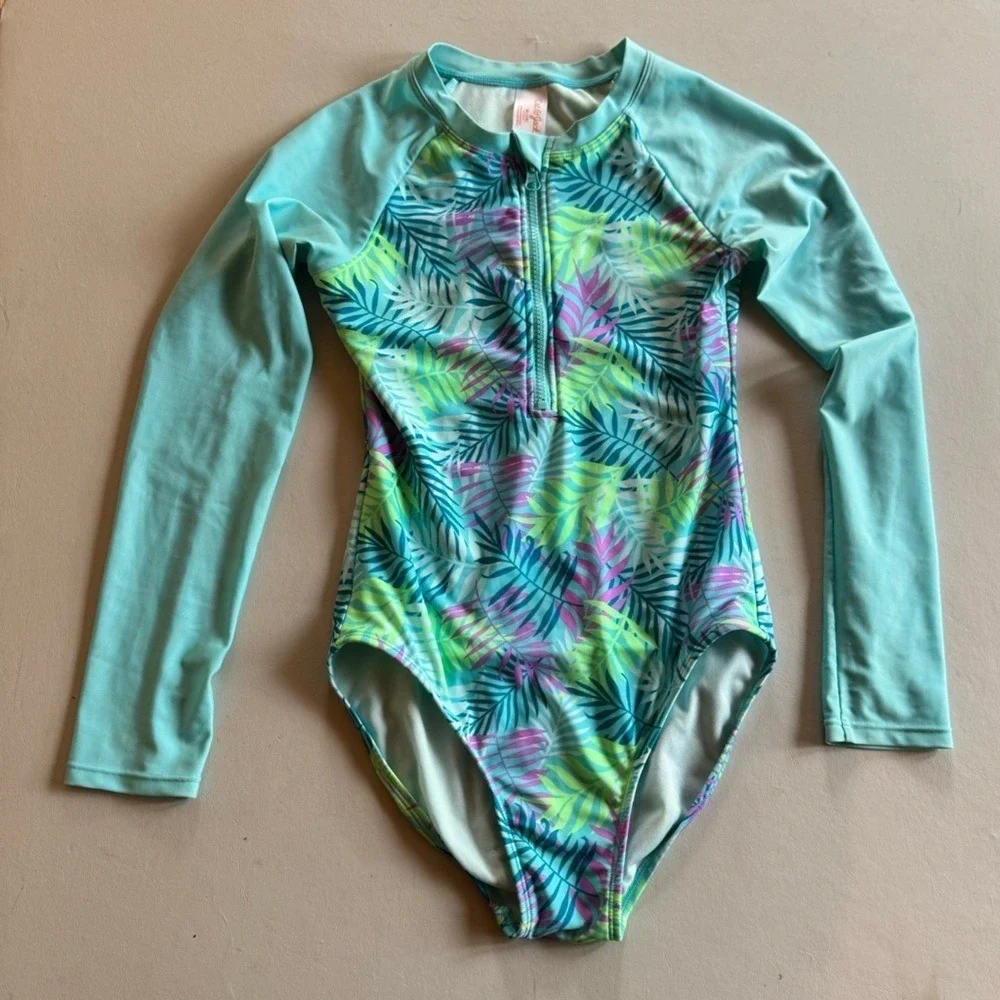 Cat & Jack Swimsuit Tropical Leaf Print Girls XL Rashguard Sleeves Zipper Aqua